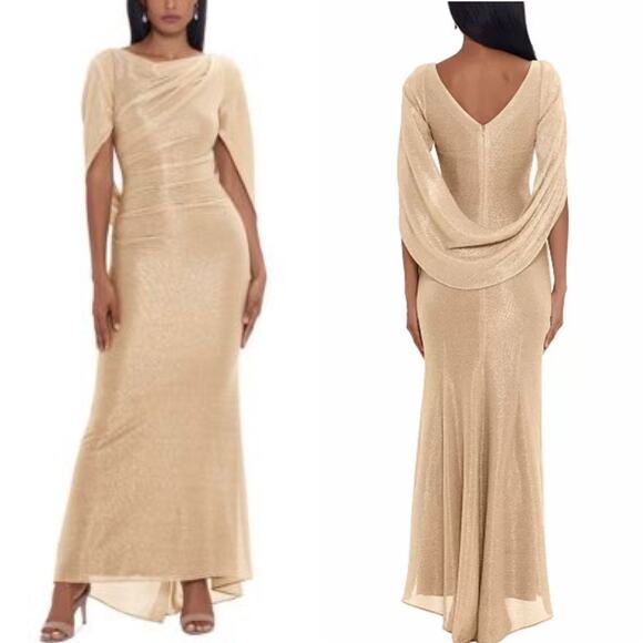 Betsy & Adam Cape Sleeve Gold + Silver Metallic Floor Length Gown women’s 4p